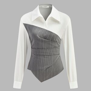 NWT, Commense • Chic White and Gray Pinstripe Blouse, Size Small